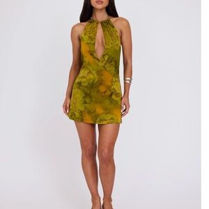 Tiger Mist Olive Green Floral Halter Mini Dress